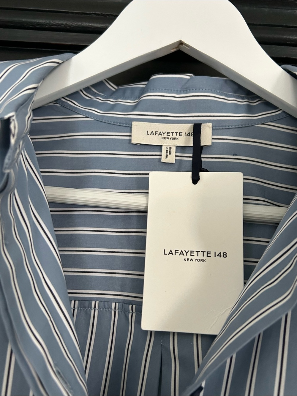 Lafayette 148 Harbor Blue Multi Stripe Button Down Shirt in Cotton Size Medium - Picture 10 of 10